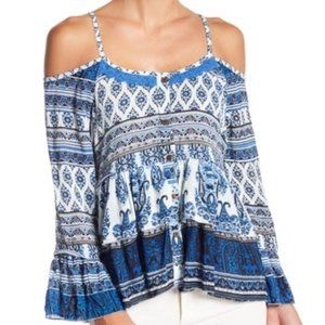 NWT $198 RAGA Long Sleeve Cold Shoulder Button Down Blouse in Blue Paisley